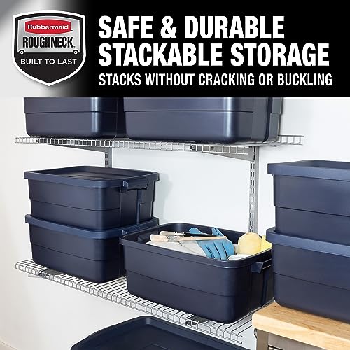 Rubbermaid Roughneck Tote 10 Gal, 8 Pack, Made in USA, Dark Indigo Metallic, Rugged Plastic Stackable Storage Bins with Lids and Handles - size: 10 Gal - 8 Pack