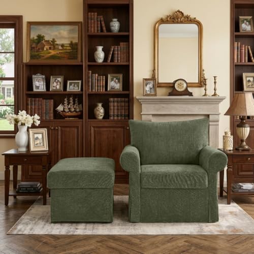 Eafurn Modern Chenille Accent Chair with Ottoman for Small Space, Comfy Upholstered Reading Chairs Lounge Armchair with Foot Rest, Sturdy Solid Wood Frame for Living Room - color: Green 37.5"