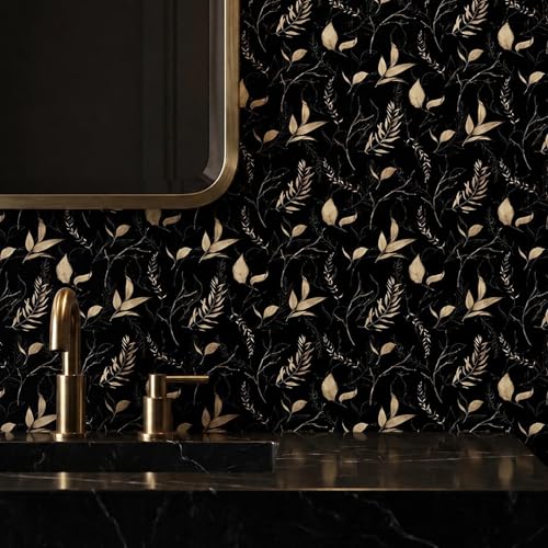 Dark Black and Gold Leaf Peel and Stick Wallpaper 17.7" x 124" | Self-adhesive removable waterproof leaf design for bedroom accent walls and renter friendly spaces - color: Black&Gold, size: 17.7" x 124"
