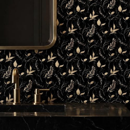 Dark Black and Gold Leaf Peel and Stick Wallpaper 17.7" x 124" | Self-adhesive removable waterproof leaf design for bedroom accent walls and renter friendly spaces - color: Black&Gold, size: 17.7" x 124"