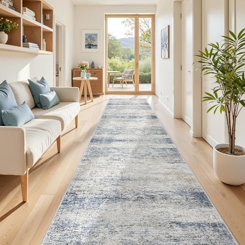 2'6 x 16' Runner Rug Non Slip,Washable Kitchen Rugs,Blue | 16ft Runner Rug for Hallway,Entryway,Bedroom,Living Room,Thin,Soft, Extra Long Rug,Stain Resistant Indoor Carpet - color: Blue/Brown/Ivory, size: 2'6" x 16' (Runner)