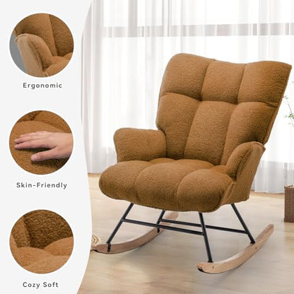 Rocking Chair Nursery Teddy Upholstered Glider Rocker Rocking Accent Chair Padded Seat with High Backrest Armchair Comfy Side Chair for Living Room Bedroom Offices (Brown Teddy) - color: Brown
