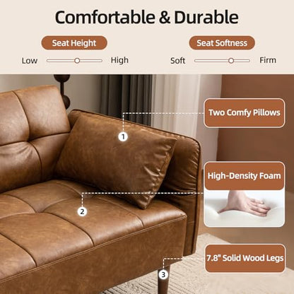 HALLYBEE 85" Futon Faux Leather Couch with Adjustable Armrests Brown | Futon Sofa Bed, Sleeper Sofa, Small Couch with Pillows, Side Pockets, Mid Century Modern, Living Room, Bedroom, Apartment - color: Brown