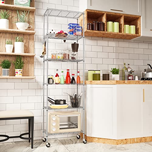 Homdox 6-Tier Storage Shelf Wire Shelving Unit Free Standing Rack Organization with Caster Wheels, Stainless Side Hooks, Silver Gray | Rack Organization - color: Silver, size: 21.26*11.42*72.05 inch