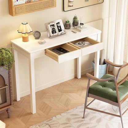 Solid Wood Desk with Drawers - 39 x 16 Inch Narrow Desks, Mid Century Modern Desks, Rubber Wood Study Table, Small Writing Desk for Small Spaces|Bedroom - White - color: White, size: 39.4 in W x 15.7 in D