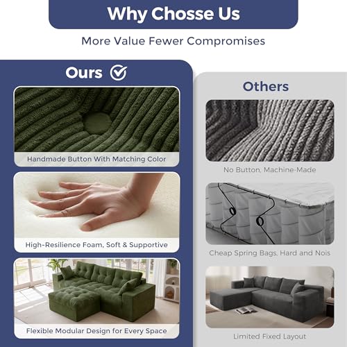 MAXYOYO Boneless Couch, 104-Inch L-Shaped Cloud Couch with Ottoman | Dark Green Upholstered Sofa Features Layered Cushions and Flexible Modules with No Assembly, Ideal for Modern Living Rooms. - color: Dark Green, size: 104" L Shape