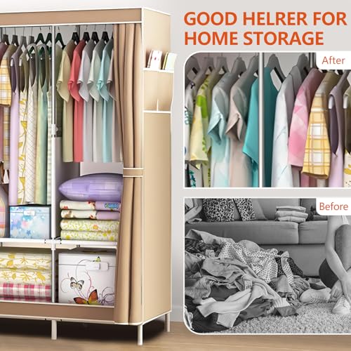 Portable Closet Wardrobe, Clothes Rail with Non-Woven Fabric Cover & 3 Hanging Rods and 6 Shelves, Clothes Storage Organizer, 16mm Diameter Steel Pipe for Bedroom and Living Room