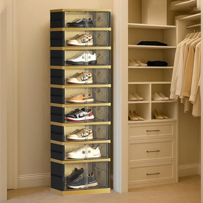 SYNCVIBE Foldable Shoe Rack, 9-Tier, 18 Pairs, 17.3" Wide, Black Gold | Foldable Shoe Organizer, Collapsible Shoe Cabinet with Doors, Stackable Shoe Shelves for Closet, Entryway and Living Room - size: 9 Tiers -18 Pairs Black Gold