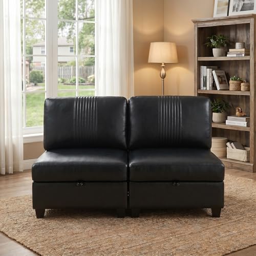 Modern 2 Seaters Modular Sofa with Storage & Sleeper Function, Comfy PU Loveseat Couches for Small Spaces - color: Black