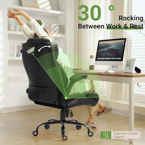 Office Chair, Big and Tall Executive Chair with Air-Lumbar Support, Breathable Desk Computer Chair with Adjustable Flip-up Armrests, Wide Cushion Seat Swivel Home Office Chair - color: Black