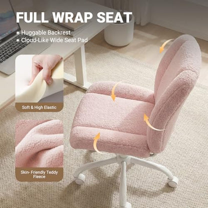 Vanity Chair with Wheels, Armless Office Chair Height Adjustable, Cute Desk Chair with Soft Lumbar Support for Small Space, Bedroom, Make-up Room, Pink - color: Pink