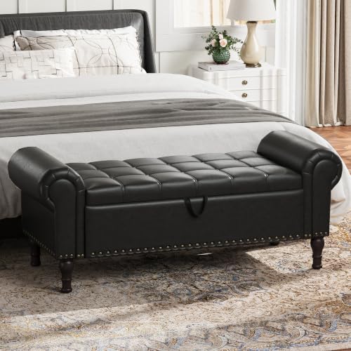 YOUDENOVA 51” Ottoman with Storage, Upholstered Storage Ottoman Bench with Rolled Arms, PU Leather Storage Bench for Bedroom, Living Room, Entryway, Black - color: Black, size: 51 Inches