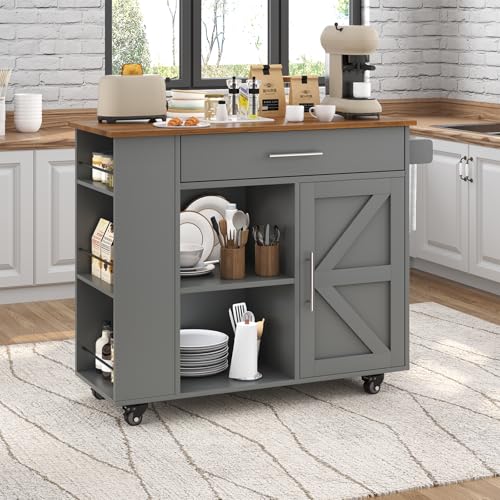 Kitchen Island with Storage, 39 Inch Rolling Kitchen Island on Wheels, Grey | 3-Tier Spice Rack, Drawer Storage, Adjustable Shelf & Towel Rack, Casters, Mobile Island Table for Kitchen, Dining Room - style: GREY