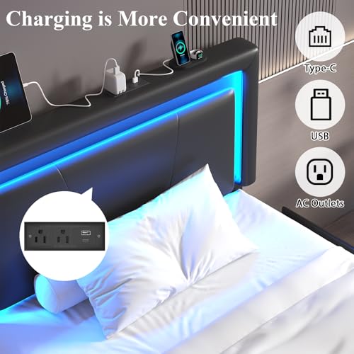 Twin Size Bed Frame with 4 Storage Drawers, Upholstered Headboard, Black | Modern Bed, Charging Station, LED Light, Adjustable Height Headboard, Noise-Free, No Box Spring Needed, Easy Assembly - color: Black, size: Twin