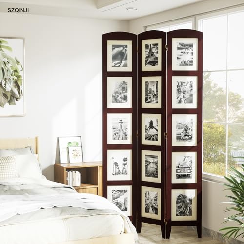 SZQINJI 3 Panel Photo Room Divider Screen, Walnut | Divider for Room Separation, for 8x10 Picture Frame Without Mat, for 5x7 Photo With Mat, Foldable, Mother Day's Gift - color: Walnut