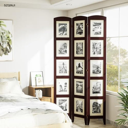 SZQINJI 3 Panel Photo Room Divider Screen, Walnut | Divider for Room Separation, for 8x10 Picture Frame Without Mat, for 5x7 Photo With Mat, Foldable, Mother Day's Gift - color: Walnut