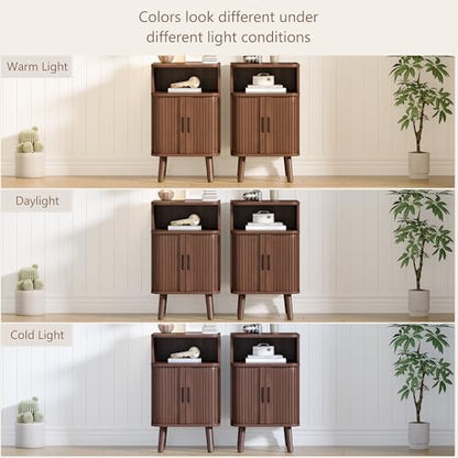 Alohappy Nightstand Set of 2, Mid Century Modern End Table with Storage, Fluted Bedside Table, Wooden Curved Profile Night Stands with Sliding Tambour Door for Bedroom, Living Room, Walnut - color: Walnut