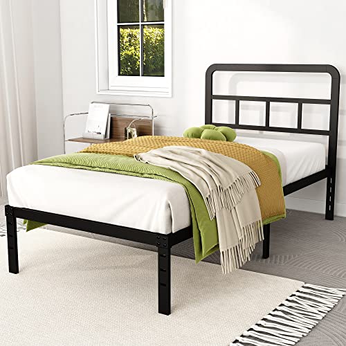 DiaOutro Twin Bed Frame with Headboard 14 Inch Metal Platform, Black | Heavy Duty Bed For Kids Adults, Steel Slat Supports No Box Spring Needed, Easy Assembly, Noise Free - size: Twin, style: 14 Inch
