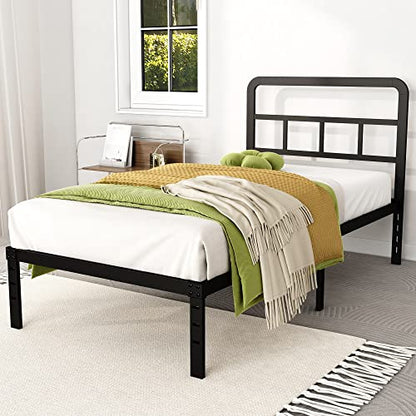 DiaOutro Twin Bed Frame with Headboard 14 Inch Metal Platform, Black | Heavy Duty Bed For Kids Adults, Steel Slat Supports No Box Spring Needed, Easy Assembly, Noise Free - size: Twin, style: 14 Inch