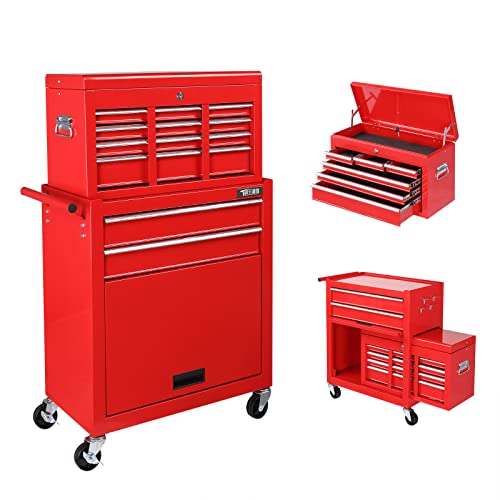 TUFFIOM 8-Drawer Rolling Tool Chest, Tool Storage Cabinet w/Lockable Wheels, Detachable Top, Drawers & Side Hooks, Mechanic Tool Organizer Box for Garage Warehouse Repair Shop - color: Red, size: 8Drawer