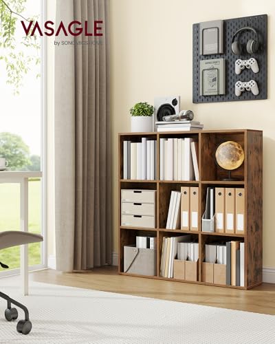 VASAGLE Bookcase Cube Shelf with 9 Compartments, 9.4 x 38.6 x 38.6 Inches | Bookshelf storage shelf, Rustic Brown, CUSTOS Collection, ULBC477K01 - color: Rustic Brown, size: 9 Cubes (9.4"D x 38.6"H), style: 1 Pack