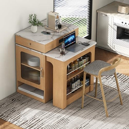 59.5" Kitchen Island with Extendable Dining Table, Kitchen Storage Table with Double-Sided Storage & Drawers, Power Outlet, Side Open Shelves, for Dining Room (Natural3) - color: Natural3