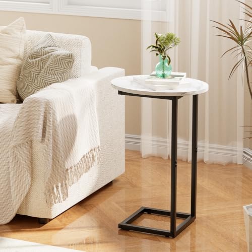 C Shaped End Table, Oval Side Tables on Couch, Black | TV Tray that Slide Under , Narrow Sofa Table with Metal Frame for Small Space Sofa Living Room Bedroom - color: White Marble+black