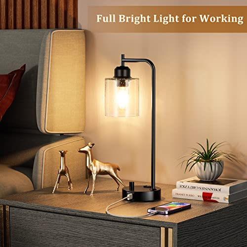 Industrial Desk Lamp, Fully Dimmable Small Bedside Table Lamp, Black, USB C | Glass Shade, USB C+A Charging Port & Outlet, Lamps for Bedroom, Night Stand, Home Office, Living Room - color: Clear Seeded