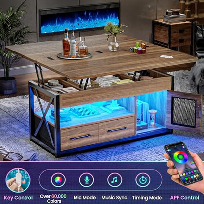 Itaar 40" Lift Top Coffee Table with Storage for Living Room, 4 in 1 Table | Walnut LED Expandable Coffee Table with 2 Fabric Drawers & LED Light & Hidden Compartmen for Dining Living Room Table - color: Walnut