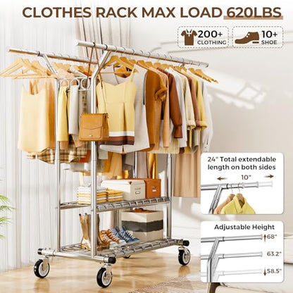 HYSEYY Heavy Duty Clothes Rack, Rolling Clothing Rack With Shelves Load 620 LBS, Double Rod Clothing Racks for Hanging Clothes, Portable& Adjustable Clothes Rack with Wheels Garment Rack - color: Sliver
