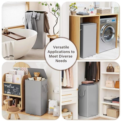 Laundry Hamper with Lid and Foot Pedal, 100L Fabric Laundry Basket with Removable Mesh Bag, Slim Foldable Design for Bathroom and Laundry Room (Gery)