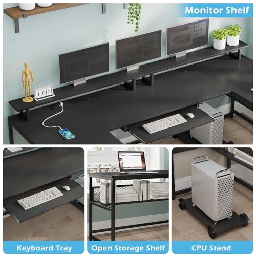 SEDETA 101.5''Reversible L Shaped Desk with Drawer for Home,Black | U Shaped Desk Office with Power Outlet,Computer with Monitor Shelf,Two Person Desk with Keyboard Tray
