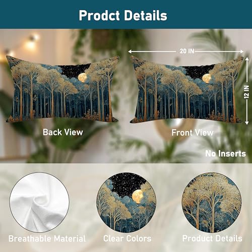 William Morris Inspired Night Moon Forest Throw Pillow Cover 12x20 Set of 2, Dark Cottagecore Nature Landscape Botanical Decorative Lumbar Pillow Cover Case for Home Living Room Bedroom - color: Forest Moon and Starsl-3