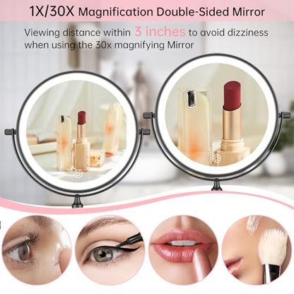 FUNTOUCH 5000mAh Rechargeable Wall Mounted Lighted Makeup Mirror 1X30X | Double Sided 1X 30X Magnifying, 3 Color Lighting, Touch Dimming, Extended Arm 360 Rotation Light up Bathroom Mirror Black - color: Black