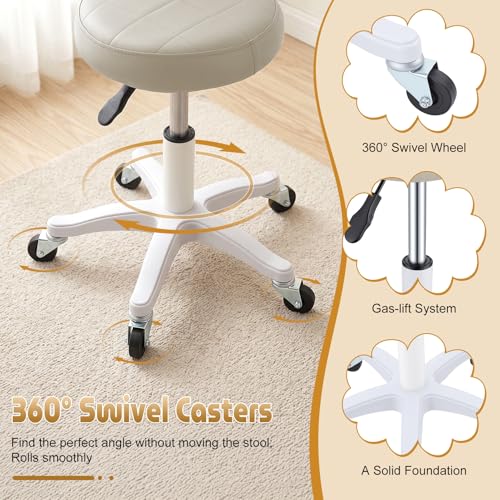 Small Armless Office Desk Chair with Back, Faux Leather Vanity Chair with Wheels - Height Adjustable, 360° Swivel, Ergonomic Rolling Computer Stool for Home Bedroom Office Beige