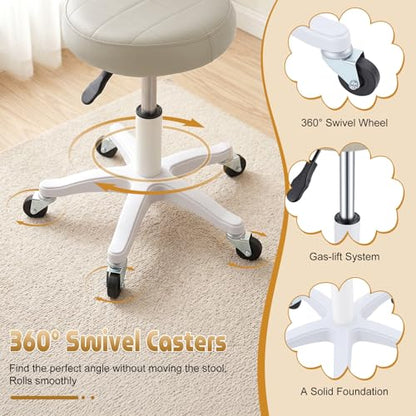 Small Armless Office Desk Chair with Back, Faux Leather Vanity Chair with Wheels - Height Adjustable, 360° Swivel, Ergonomic Rolling Computer Stool for Home Bedroom Office Beige