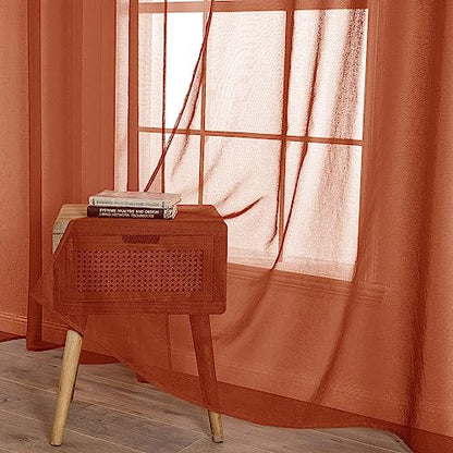 MIULEE Boho Fall Terracotta Linen Textured Sheer Curtains 42W×63L 2 Panels | Semi Transparent, Farmhouse, Window Net Panels with Rod Pocket for Bedroom Living Room - color: Terracotta, size: 42"W x 63"L (Pack of 2)