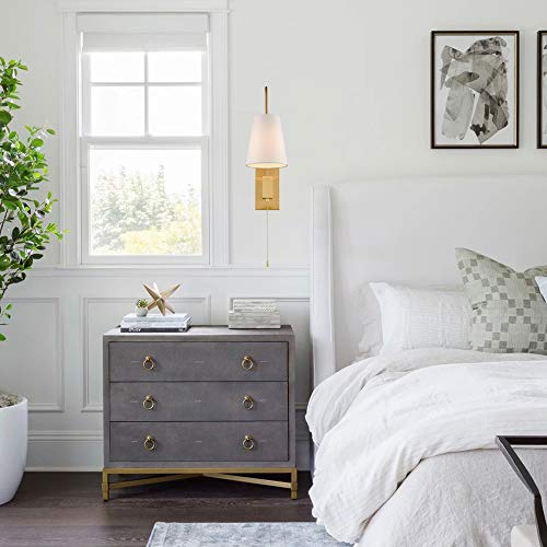 Modern Brass Set of 2 Plug-in Wall Sconces, Linen Fabric Shade | Pull Chain Switch, 2-in-1 Plug-in & Hardwired, Ideal for Bedroom, Hallway & Foyer