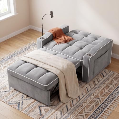 Sleeper Chair with USB Port, 3 In1 Pull Out Sofa Bed, Gray | Adjustable Backrest,Soft Cushioning,Handy Side Pocket,Cup Holders,Phone Holder - color: D-light Gray-kg