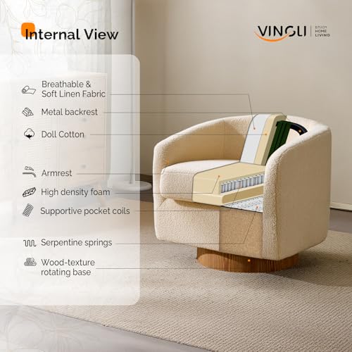 VINGLI 360°Swivel Accent Chairs Set of 2 with Engineered Wood Base and Removable Cushion for Living Room, Bedroom, Curved Back Barrel Chairs for Small Space, Upholstered Bucket Armchairs, Teddy Khaki - color: Teddy-khaki