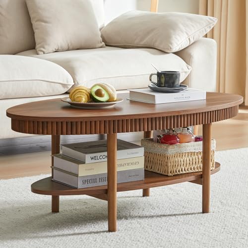 Turtle&Myrtle Oval Coffee Table, Mid-Century Modern Fluted Coffee Tables with 2-Tier Storage Shelf, 39.4" Wood Small Center Table for Living Room, Office, Easy Assembly, Walnut Brown