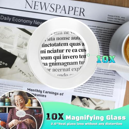 10X Magnifying Glass with Light, Clip on Mganifier with Light, 48 LED Desk Magnifying Glass wtih Clamp, 3 Modes Dimmable Magnifying LED Lamps for Bed Work Crafts DIY Repair White - color: White