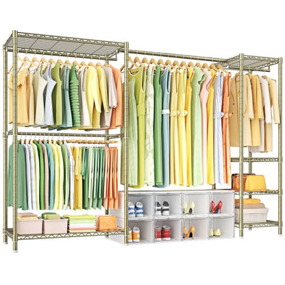 E10 Clothes Rack（With Stretchable Hanger Rod）Freestanding Clothing Racks for Hanging Clothes，Adjustable Closet Organizer System，Portable Garment Rack 73-97"W x 15" D x 72" H，Max Load 800LBS，Gold - color: Gold