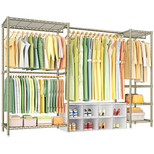 E10 Clothes Rack（With Stretchable Hanger Rod）Freestanding Clothing Racks for Hanging Clothes，Adjustable Closet Organizer System，Portable Garment Rack 73-97"W x 15" D x 72" H，Max Load 800LBS，Gold - color: Gold