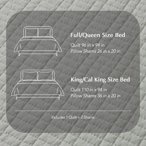 100% Cotton Modern Grid Stitch Quilt Set Queen Size, Drizzle Gray | Pre-Washed Cotton Coverlet Bedspread, Oversized Lightweight 3-Piece Bedding Set for All Season, with 2 Pillow Shams - color: Drizzle Gray, size: Full/Queen (96" X 94")