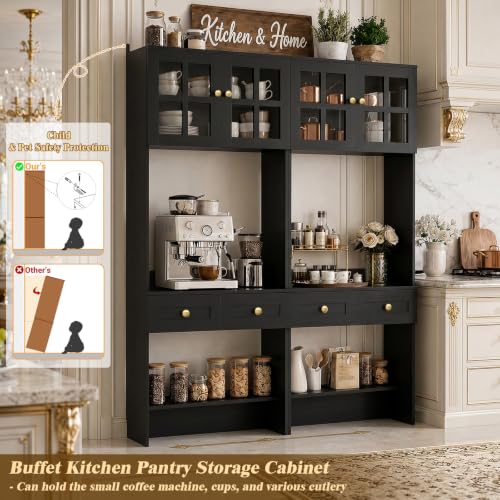 Besiost Farmhouse Desk with Glass Hutch, Small Writing Study Desk with Drawers, Multi-Function Desk for Home Office, Bedroom, Kitchen, Black (27.6" L × 11.8" D × 80" H) - color: Black, size: 27.6"
