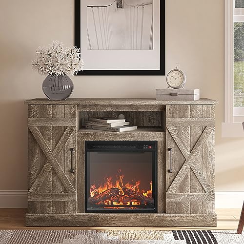 BELLEZE 47" TV Stand with 18" Electric Fireplace Heater & Media Entertainment Center Console Table for TV up to 50" with Open Storage Shelves & Cabinets - Veropeso (Ashland Pine) - color: Ashland Pine, style: 47" TV Stand/W 18" Fireplace