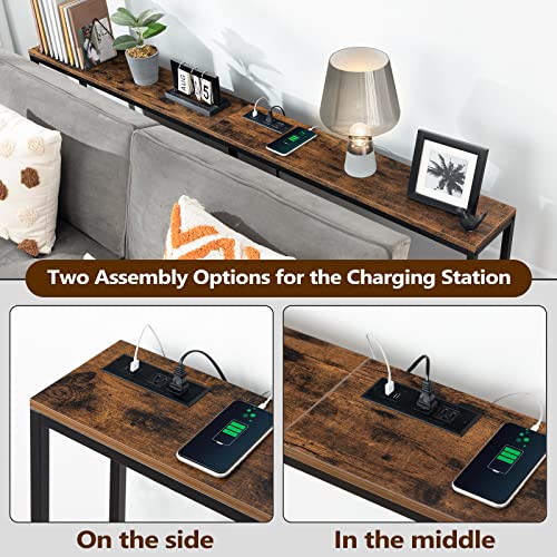 MAHANCRIS 70.9'' Console Table with Power Outlet, Narrow Sofa Table with Charging Station, Skinny Behind Couch Table for Entryway, Hallway, Foyer, Living Room, Rustic Brown CTHR18E01Z1 - color: Rustic Brown, Black, size: 70.9"L x 7.9"W x 31.7"H