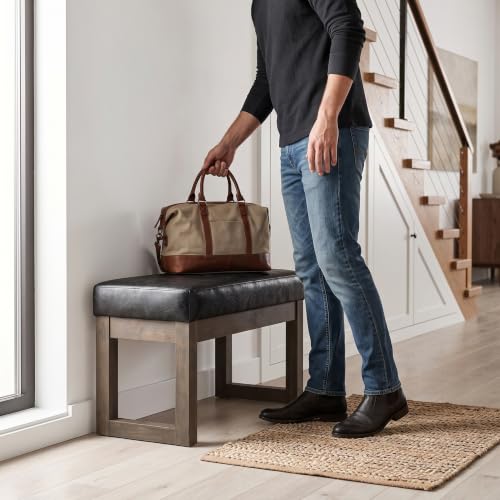 SIMPLIHOME Milltown 27" Wide Vegan Leather Rectangle Ottoman in Black | Distressed black, contemporary ottoman with a cushioned seat for bedroom seating; footstool, footrest or bench. - color: Distressed Black, style: Small Ottoman Bench