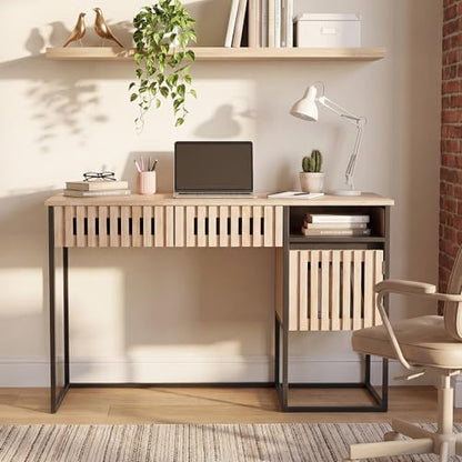 Small Home Office Desk, 46.5" Fluted Writing Desk with 2 Drawers | Compact desk with storage cabinet for bedroom small spaces, dressing table console table, Black and Oak